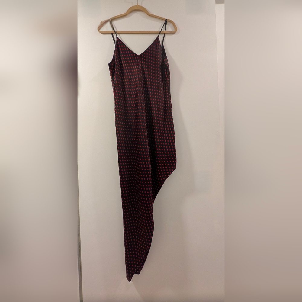 AMIRI Black With Red Polka Dots Asymmetrical Low Back Silk Dress - Picture 3 of 8